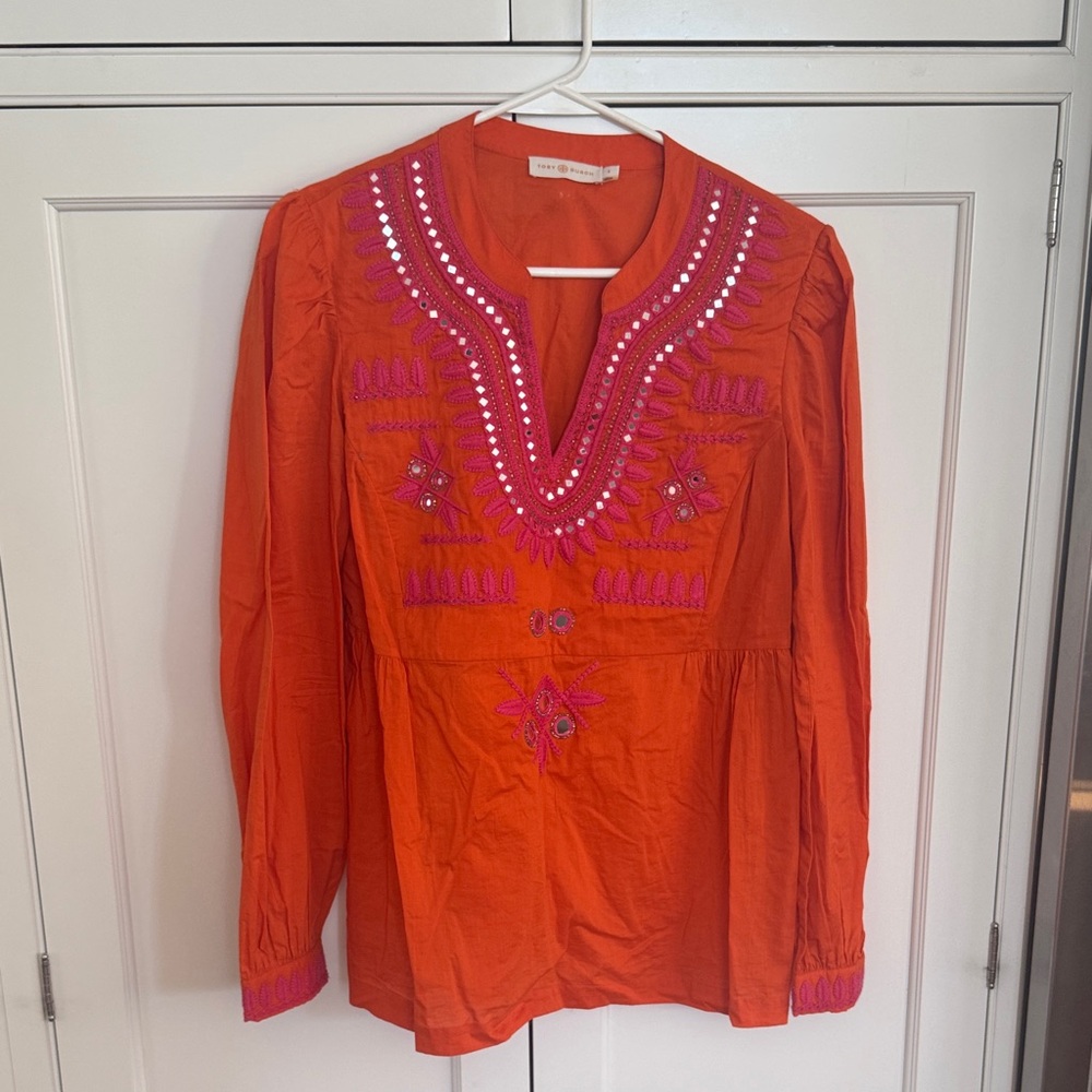 Tory Burch Orange Tunic with Pink Embroidered Trim